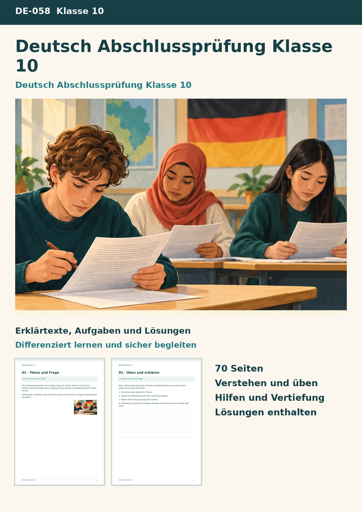Abschlussprüfung Klasse 10 Deutsch – Trainingspaket mit vier Übungsprüfungen und acht Lernwochen – Titelbild