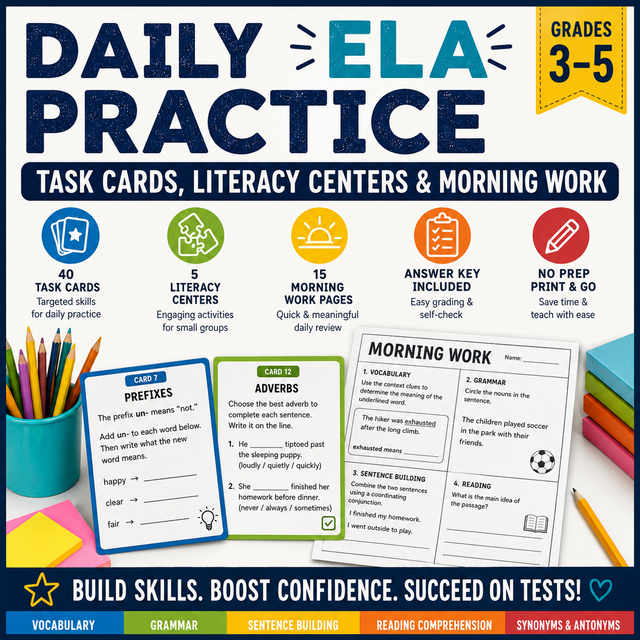 Produktcover für englischsprachiges Unterrichtsmaterial mit Task Cards, Literacy Centers, Morning Work sowie Übungen zu Vocabulary, Grammar und Reading Comprehension für den Englischunterricht der Klassen 3 bis 5.
