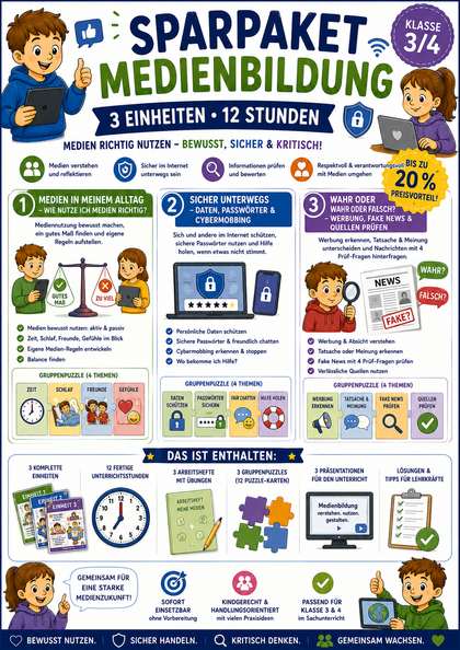 Sparpaket Medienbildung: 3 Einheiten · 12 Stunden | Medien richtig nutzen | Grundschule Klasse 3/4