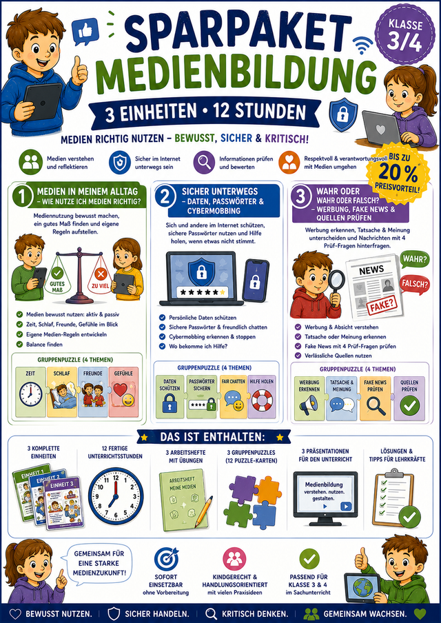 Sparpaket Medienbildung: 3 Einheiten · 12 Stunden | Medien richtig nutzen | Grundschule Klasse 3/4