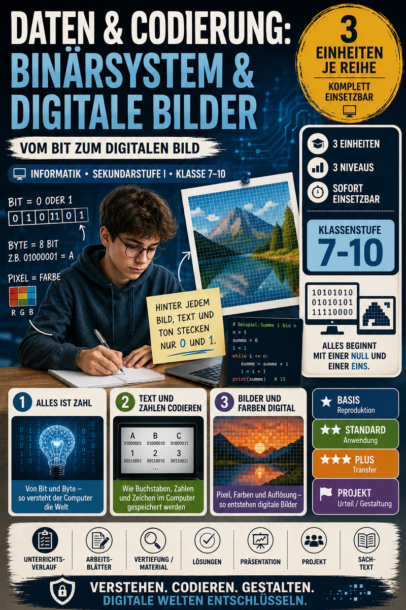 Daten und Codierung: Binärsystem und digitale Bilder – Informatik Unterrichtsmaterial (Sek I, Klasse 7–10)