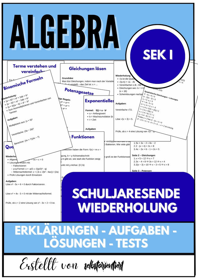 Schuljahresende Wiederholung – Algebra SEK I