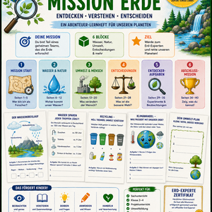 Produktvorschau eines 45-seitigen Abenteuer-Lernhefts für den Sachunterricht der Klassen 2 bis 4 mit Missionen zu Wasser, Natur, Umwelt, Recycling, Klimawandel, Energie, Experimenten, Forscheraufträgen, Quiz und Abschluss-Zertifikat.