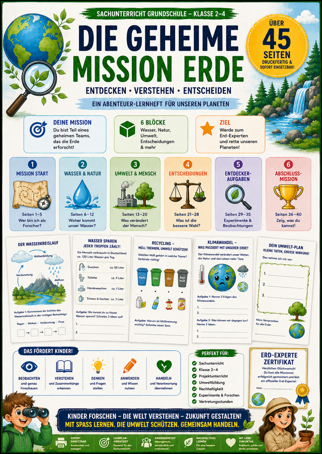 Produktvorschau eines 45-seitigen Abenteuer-Lernhefts für den Sachunterricht der Klassen 2 bis 4 mit Missionen zu Wasser, Natur, Umwelt, Recycling, Klimawandel, Energie, Experimenten, Forscheraufträgen, Quiz und Abschluss-Zertifikat.