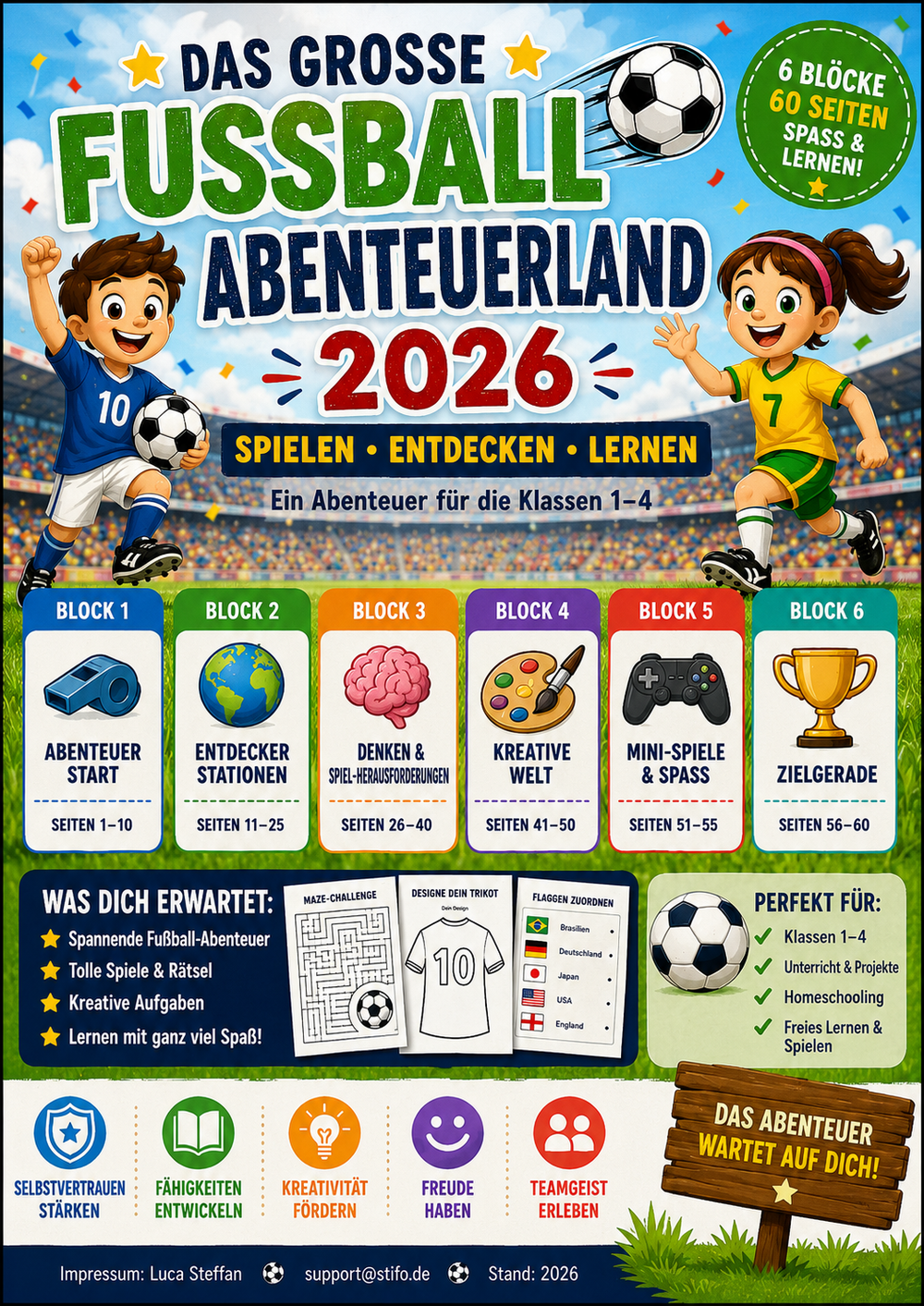 Produktvorschau der „Großen Fußball-Abenteuerwelt 2026“ für die Grundschule mit über 60 Seiten voller Mitmachaufgaben, Mathematik, Deutsch, Sachunterricht, Kreativprojekten, Rätseln, Fair Play, Länderwissen und spielerischen Lernstationen rund um Fußball und die Weltmeisterschaft.