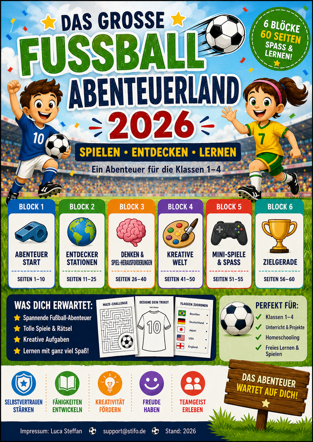 Produktvorschau der „Großen Fußball-Abenteuerwelt 2026“ für die Grundschule mit über 60 Seiten voller Mitmachaufgaben, Mathematik, Deutsch, Sachunterricht, Kreativprojekten, Rätseln, Fair Play, Länderwissen und spielerischen Lernstationen rund um Fußball und die Weltmeisterschaft.