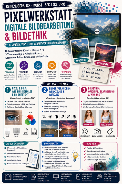 Pixelwerkstatt: Digitale Bildbearbeitung & Bildethik – Pixel, Bearbeitung & Wahrheit | Kunst Sek I (Kl. 7–9)