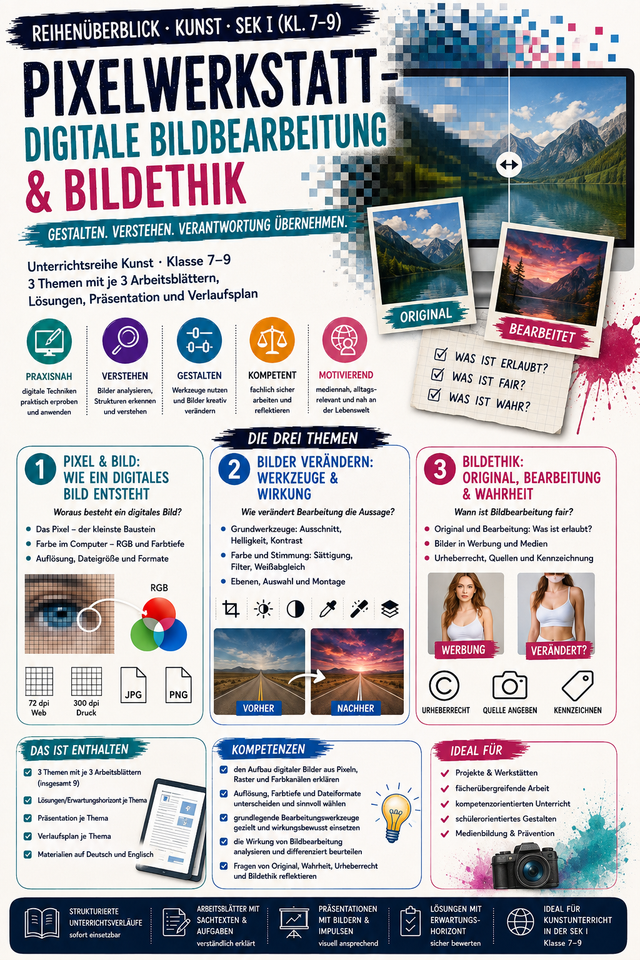 Pixelwerkstatt: Digitale Bildbearbeitung & Bildethik – Pixel, Bearbeitung & Wahrheit | Kunst Sek I (Kl. 7–9)