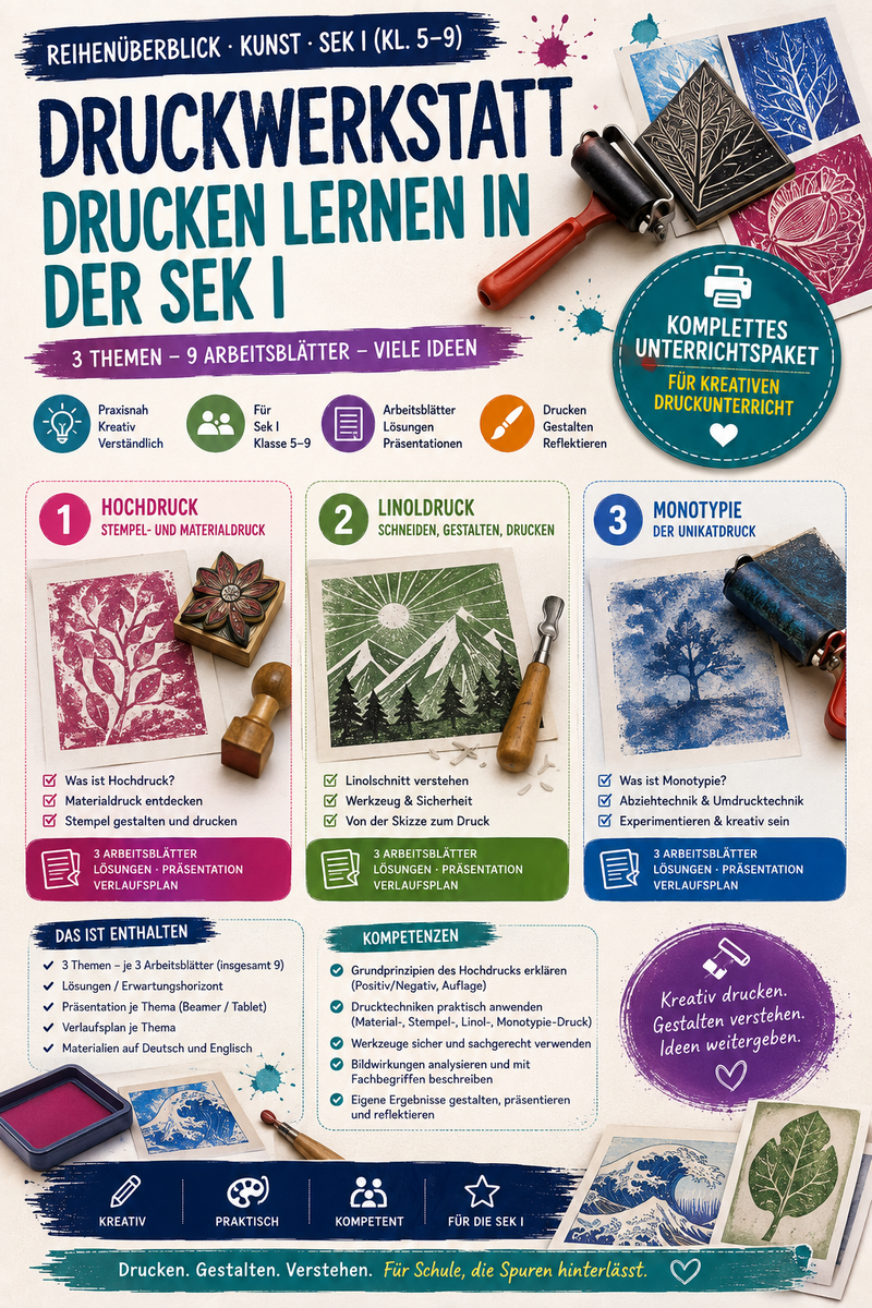 Druckgrafik Unterrichtsmaterial | Linolschnitt, Hochdruck & Monotypie | Kunst Klasse 5–9