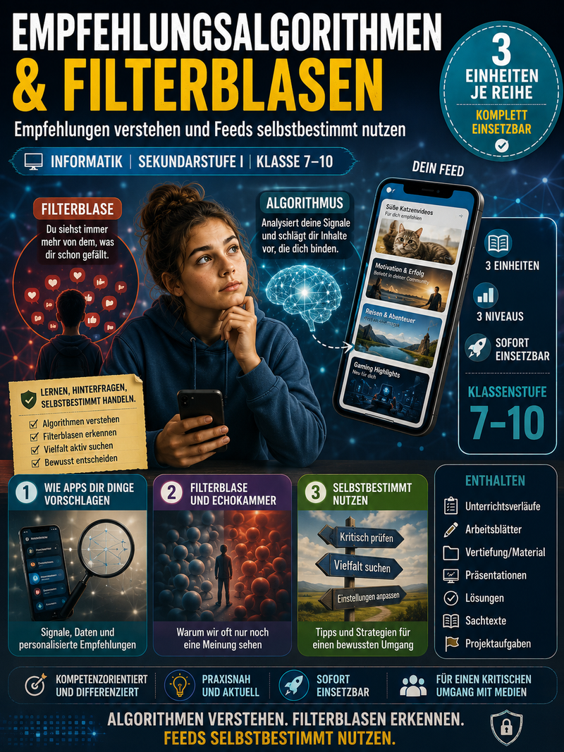 Empfehlungsalgorithmen und Filterblasen – Informatik Unterrichtsmaterial (Sek I, Klasse 7–10)