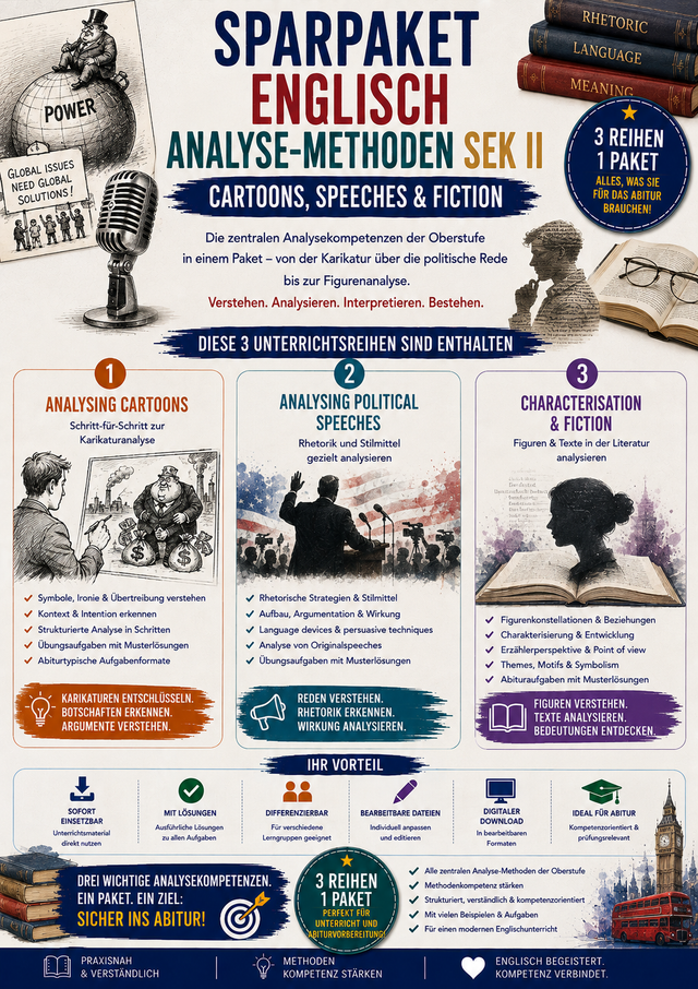 Sparpaket Englisch Analyse-Methoden Sek II – Cartoons, Speeches & Fiction