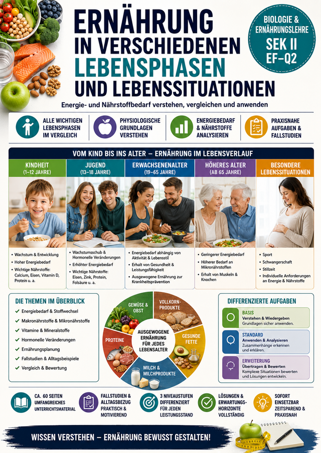 Farbenfrohes A4-Unterrichtsposter zur Ernährung in verschiedenen Lebensphasen mit Kindheit, Jugend, Erwachsenenalter, höherem Lebensalter, Schwangerschaft, Sporternährung sowie übersichtlichen Infografiken zu Energie- und Nährstoffbedarf.
