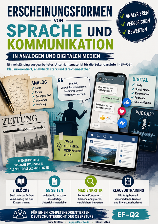 Modernes Cover einer Unterrichtsreihe für die Sekundarstufe II zu analogen und digitalen Kommunikationsformen mit Symbolen für Sprache, Chat, Social Media, Medienanalyse und Sprachwissenschaft.