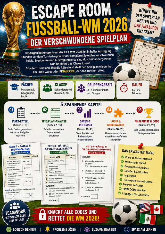 Escape-Room-Unterrichtsmaterial zur Fußball-WM 2026 für Klasse 5 bis 9 mit Mathematik-, Geographie-, Statistik- und Logikrätseln sowie Turnierplan-Analyse und Finalcode.