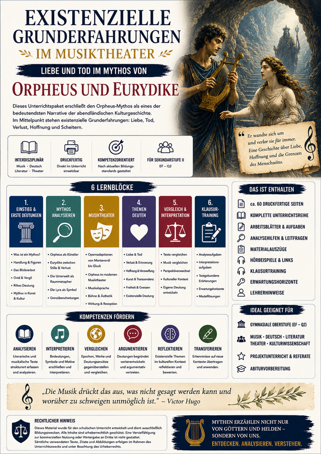 Unterrichtsmaterial für die Oberstufe zu Orpheus und Eurydike mit Mythenanalyse, Musiktheater, Literatur, Symbolanalyse, Liebe, Tod, Verlust und Kulturgeschichte.