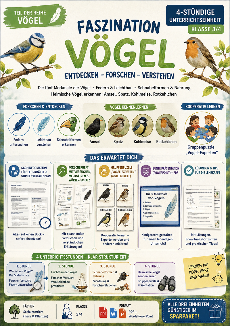 Unterrichtsmaterial Sachunterricht Grundschule zu Vögeln mit Federn Schnabelformen heimischen Vogelarten Forscheraufgaben und Gruppenpuzzle für Klasse 3 und 4
