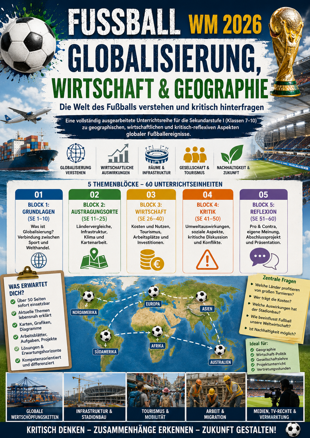 Fußball und Globalisierung Unterrichtsmaterial für Klasse 7 bis 10 zu Geographie, Wirtschaft, Räumen, Infrastruktur, Nachhaltigkeit und globalen Fußballereignissen