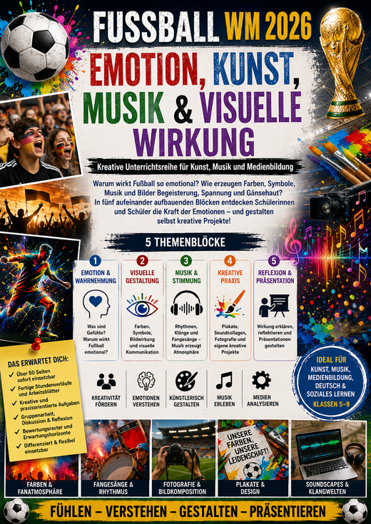 Fußball und Emotion Unterrichtsmaterial für Klasse 5 bis 9 zu Kunst, Musik, visueller Wirkung, Farbgestaltung, Symbolen, Sounddesign und Medienkompetenz