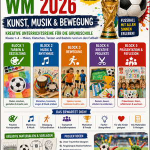 Fußball-WM 2026 kreatives Unterrichtsmaterial für die Grundschule Klasse 1 bis 4 zu Kunst, Musik, Rhythmus, Bewegung, Farben und Bastelaufgaben