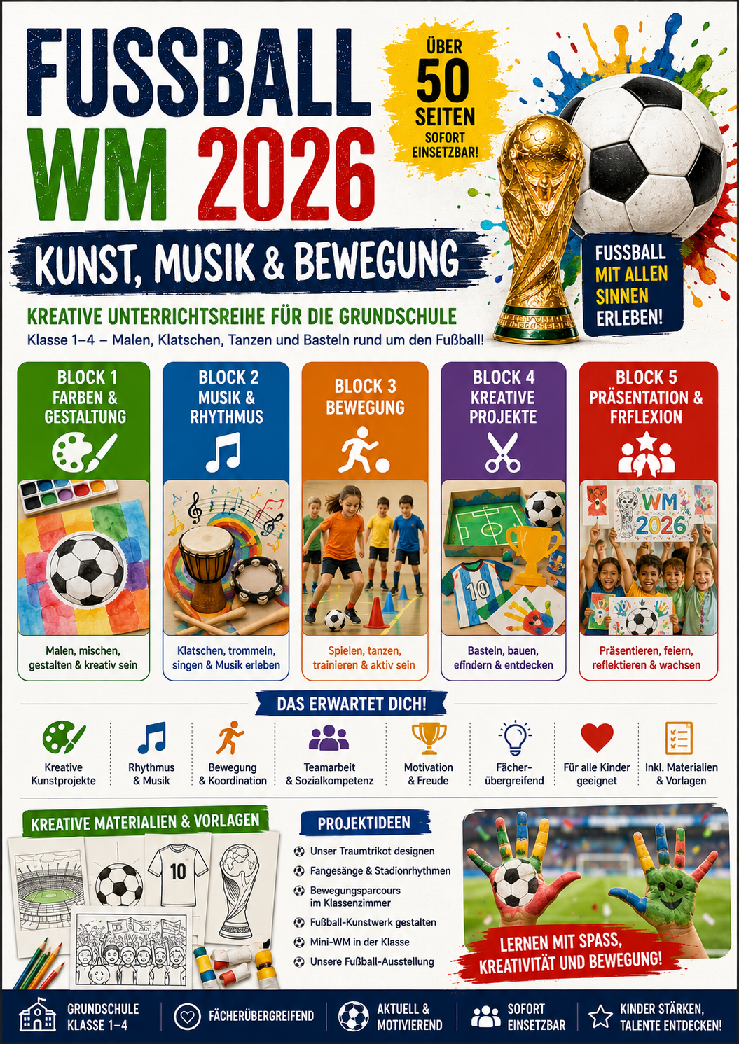 Fußball-WM 2026 kreatives Unterrichtsmaterial für die Grundschule Klasse 1 bis 4 zu Kunst, Musik, Rhythmus, Bewegung, Farben und Bastelaufgaben