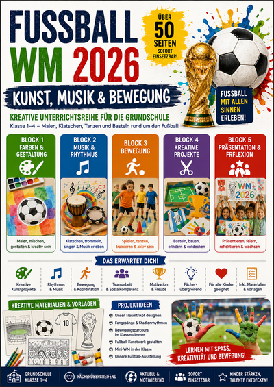 Fußball-WM 2026 kreativ erleben – Kunst, Musik & Bewegung | Klasse 1–4