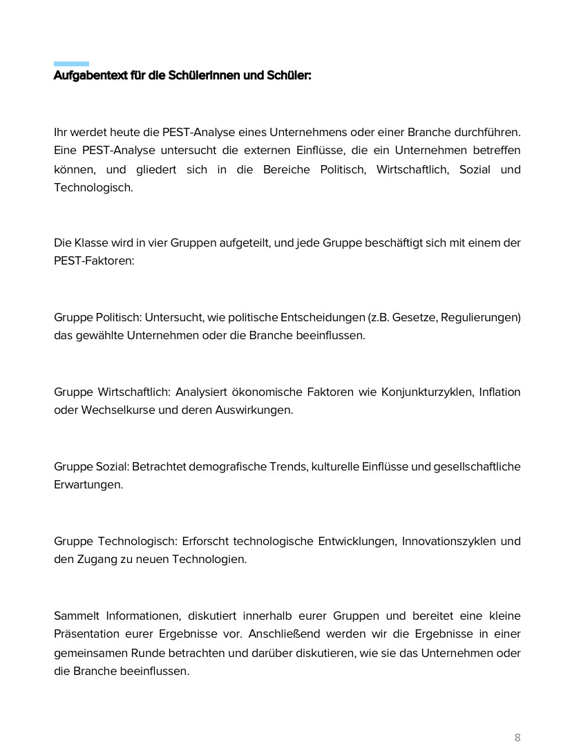 PEST-Analyse – Unternehmen im Umfeld verstehen und bewerten (SEK I, Klasse 7 bis 10)