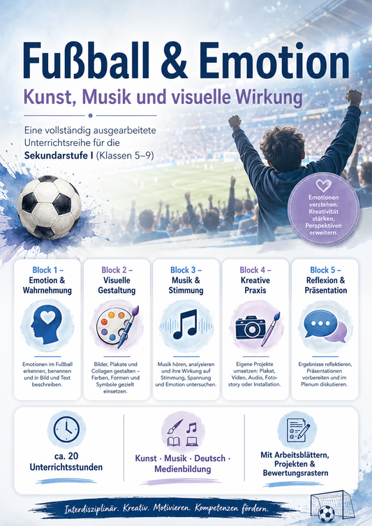 Fußball-WM 2026 Unterrichtsmaterial für Klasse 5 bis 9 zu Emotion, Kunst, Musik, visueller Wirkung, Farbgestaltung, Symbolen und Sounddesign