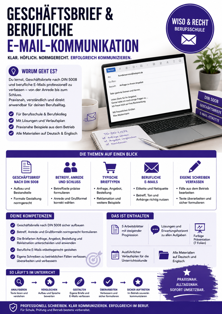 Geschäftsbrief und berufliche E-Mail-Kommunikation | Unterrichtsmaterial Berufsschule (WiSo & Recht)