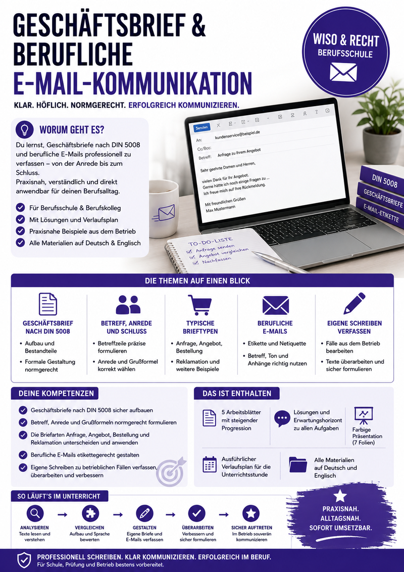 Geschäftsbrief und berufliche E-Mail-Kommunikation | Unterrichtsmaterial Berufsschule (WiSo & Recht)
