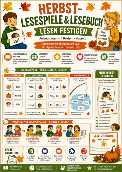 Herbst-Lesespiele & Lesebuch – Lesen festigen | Anfangsunterricht Deutsch | Klasse 1