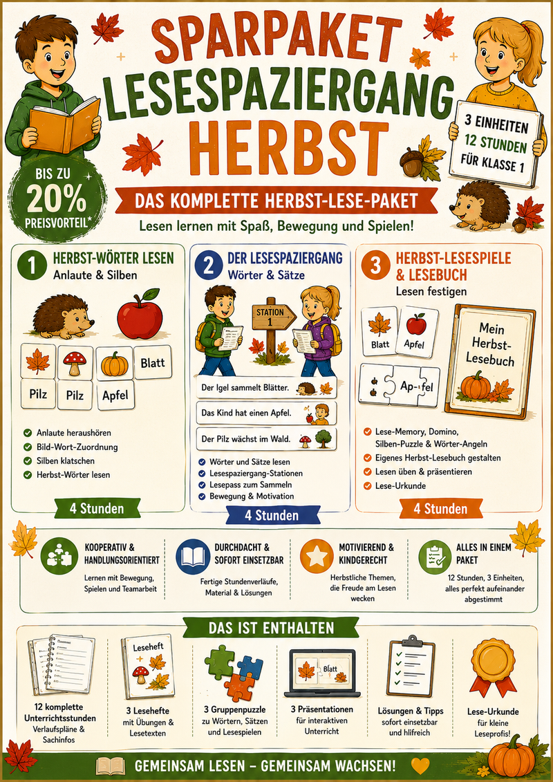 Sparpaket Lesespaziergang Herbst: 3 Einheiten · 12 Stunden | Deutsch Klasse 1