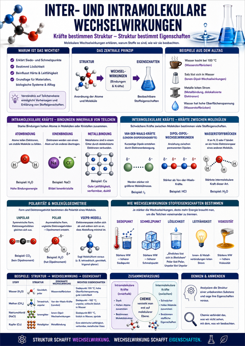 Modernes Unterrichtsmaterial zu chemischen Bindungen, Molekülstrukturen, Wasserstoffbrücken, Van-der-Waals-Kräften und Stoffeigenschaften.