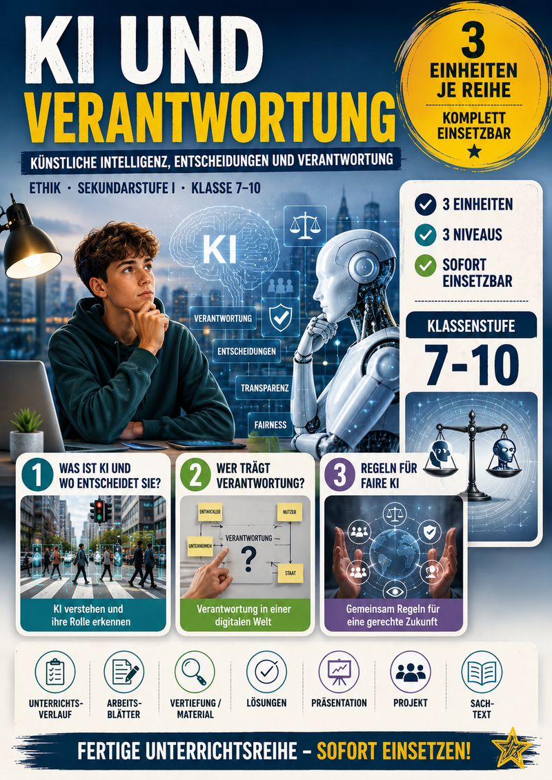 KI und Verantwortung – Ethik Unterrichtsmaterial (Sek I, Klasse 7–10)