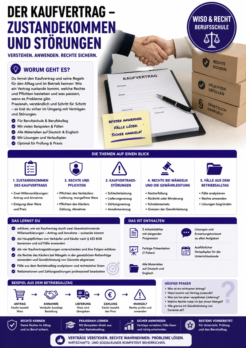 Der Kaufvertrag – Zustandekommen und Störungen | Unterrichtsmaterial Berufsschule (WiSo & Recht)