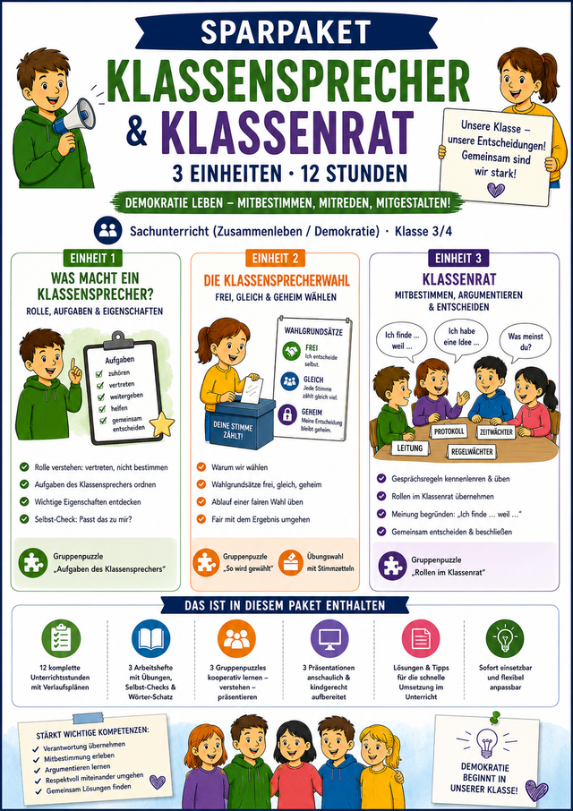 Sparpaket Klassensprecher & Klassenrat: 3 Einheiten · 12 Stunden | Demokratie Grundschule Klasse 3/4