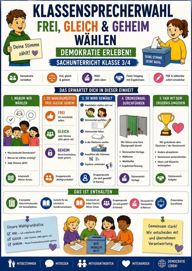 Klassensprecherwahl – frei, gleich & geheim wählen | Demokratie | Sachunterricht Klasse 3/4