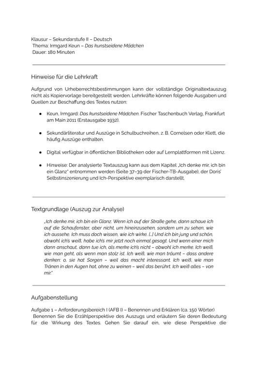 Das kunstseidene Mädchen – Klausur zu Erzählperspektive & Gesellschaft (Sek II)