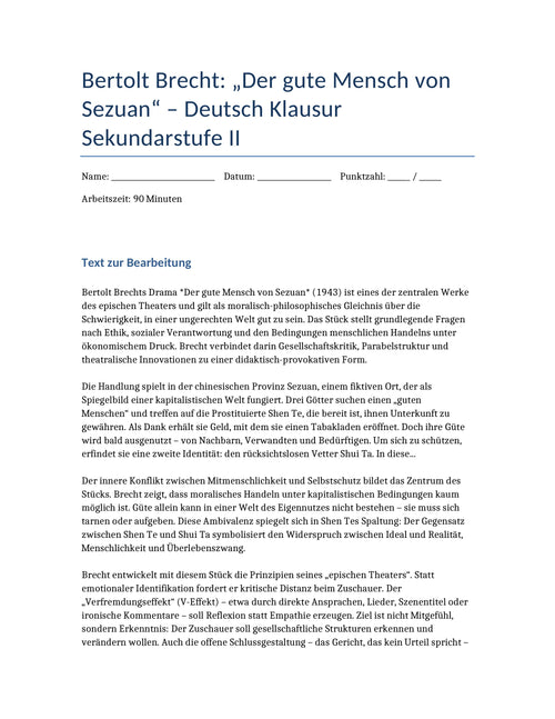 Der gute Mensch von Sezuan – Klausur zu Epischem Theater & Moral (Sek II)