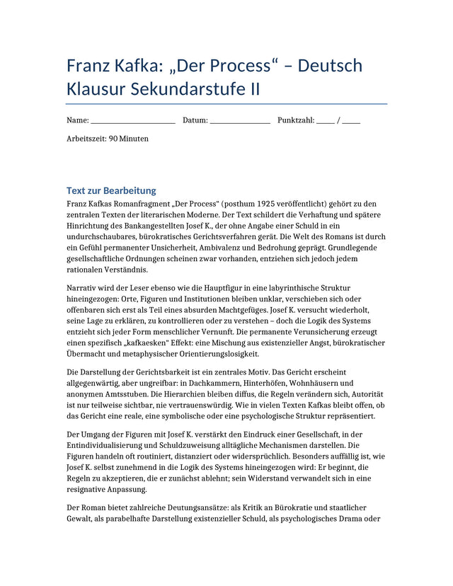 Der Process – Kafka | Klausur zu Bürokratie, Macht & Moderne (Sek II)