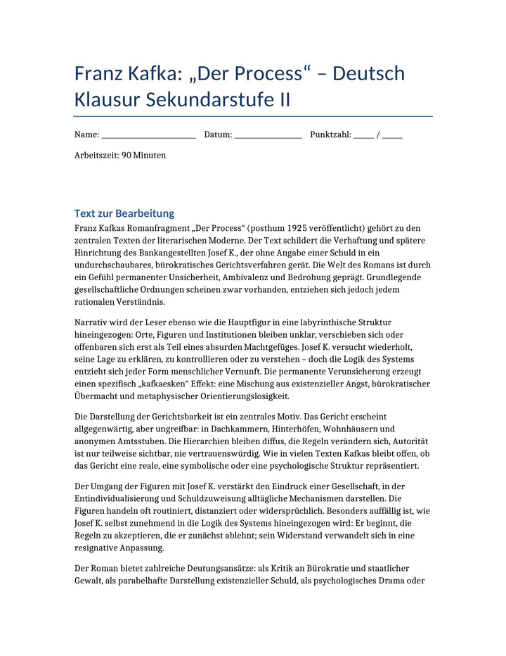 Der Process – Kafka | Klausur zu Bürokratie, Macht & Moderne (Sek II)