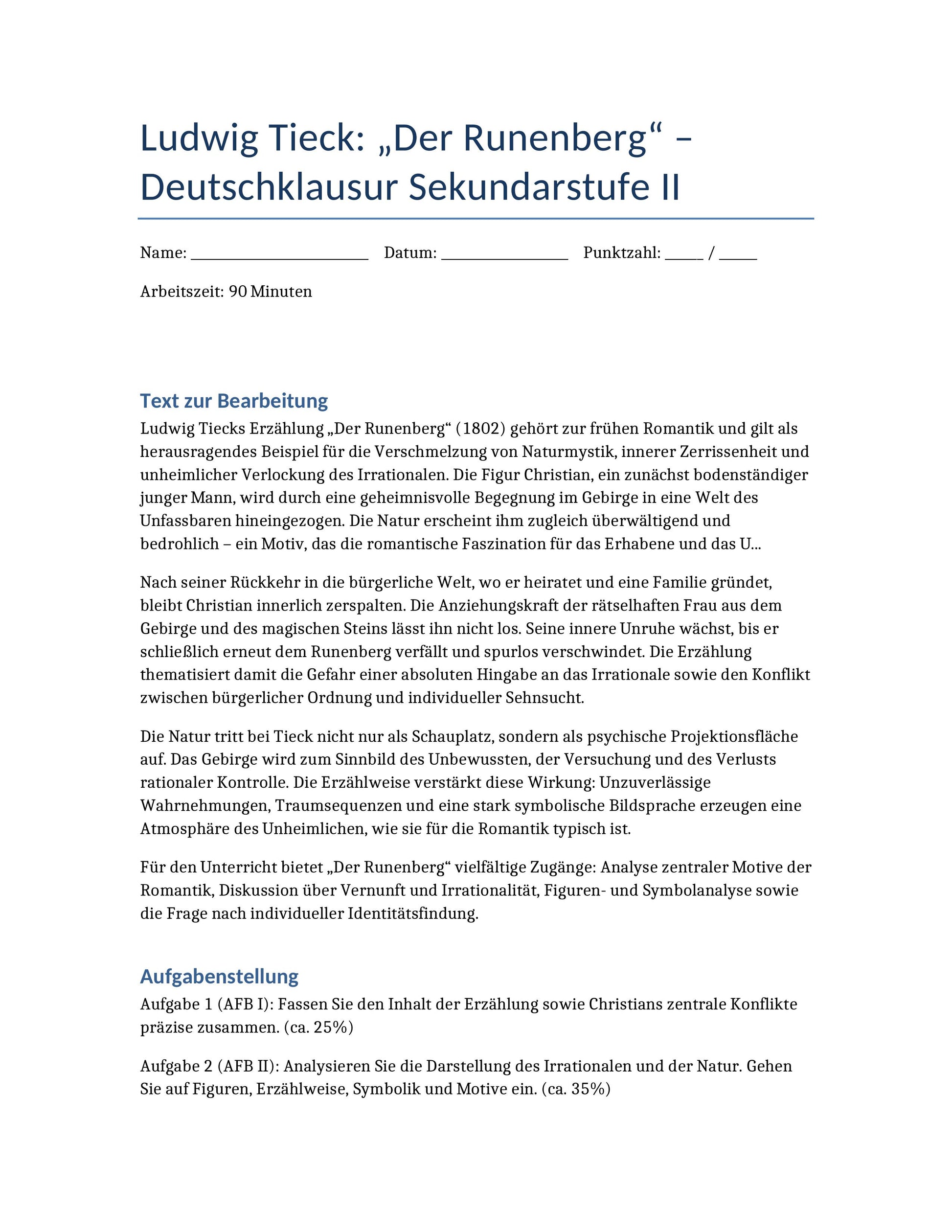 Der Runenberg – Romantik, Irrationalität & Natur | Klausur Sek II