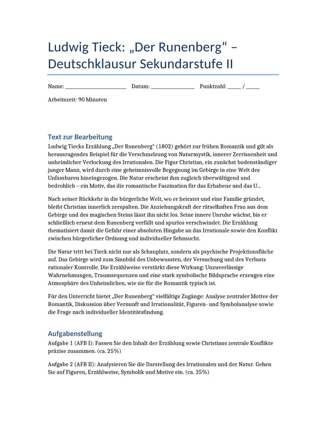 Der Runenberg – Romantik, Irrationalität & Natur | Klausur Sek II