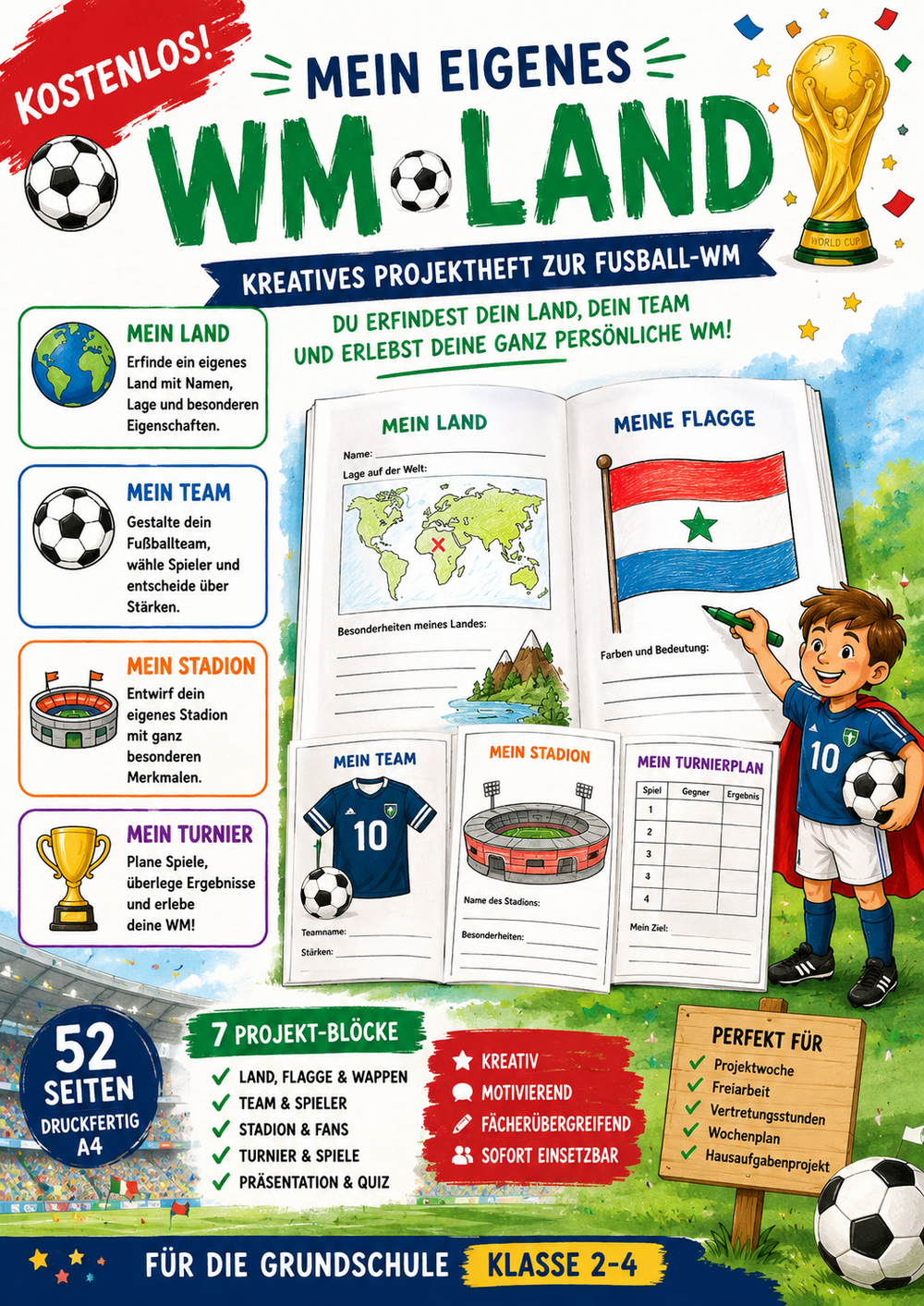 Modernes Cover eines kostenlosen Fußball-WM-Projekthefts für die Grundschule. Zu sehen sind ein eigenes Fantasieland, Flagge, Stadion, Fußballteam, Pokal und kreative Projektaufgaben für Klasse 2–4.