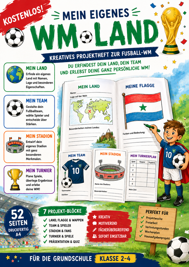 Modernes Cover eines kostenlosen Fußball-WM-Projekthefts für die Grundschule. Zu sehen sind ein eigenes Fantasieland, Flagge, Stadion, Fußballteam, Pokal und kreative Projektaufgaben für Klasse 2–4.