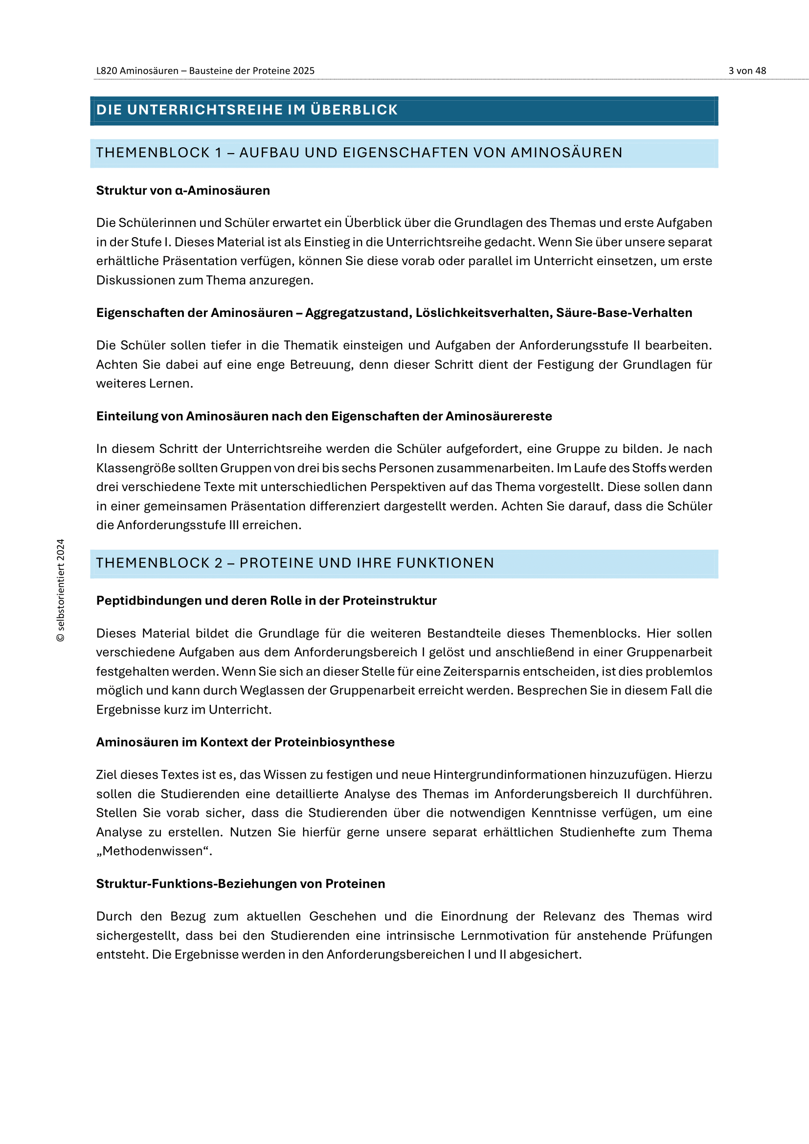 Aminosäuren und ihre Funktion - Unterrichtsreihe Chemie