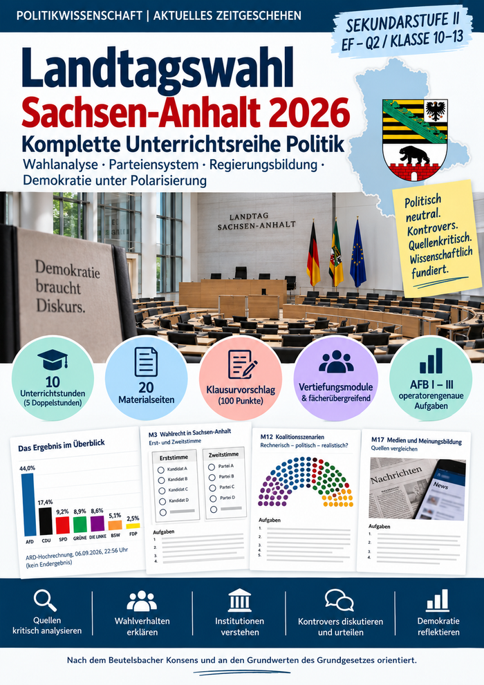 Landtagswahl Sachsen-Anhalt 2026 – Wahlergebnis analysieren | Unterrichtspaket Sek II mit Klausur