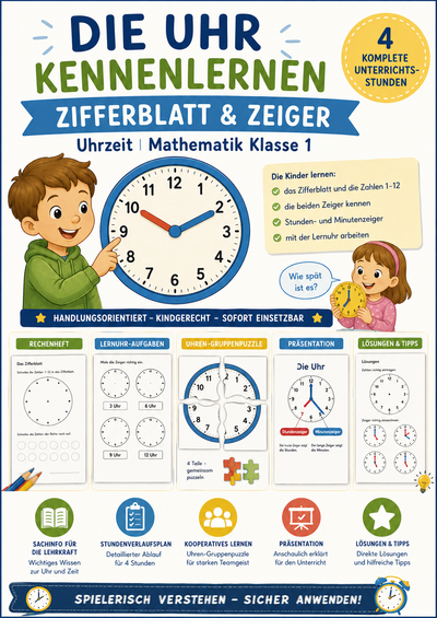 Die Uhr kennenlernen – Zifferblatt & Zeiger | Uhrzeit | Mathematik Klasse 1