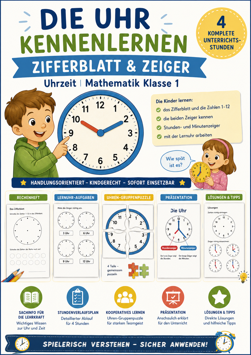 Die Uhr kennenlernen – Zifferblatt & Zeiger | Uhrzeit | Mathematik Klasse 1