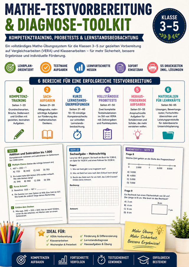 Modernes Mathe-Unterrichtsmaterial für Klasse 3 bis 5 mit Kompetenztraining, Sachaufgaben, Probetests, Diagnosematerial, Lösungen und VERA-Vorbereitung.