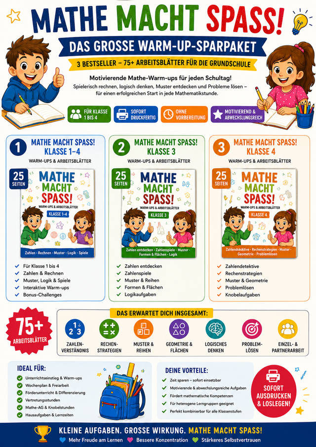 Produktbild eines Mathematik-Sparpakets für die Grundschule mit 75 Arbeitsblättern zu Zahlenverständnis, Rechenstrategien, Mustern, Geometrie, Logik und motivierenden Warm-up-Aufgaben für Klasse 1 bis 4.